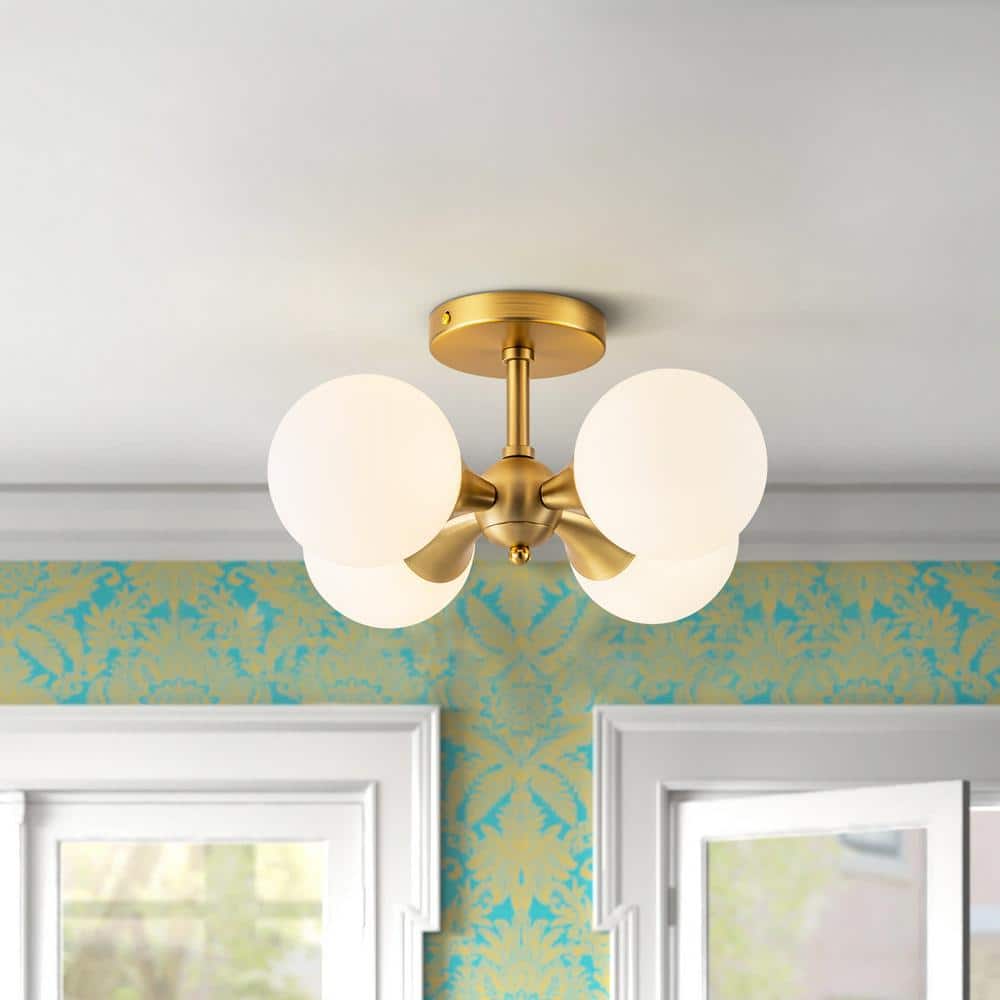 Naveen 14.2 in. 4-Light Gold Bubble Modern Sputnik Semi-Flush Mount Ceiling Lighting with Opal Glass Globe Shade - Hercitys