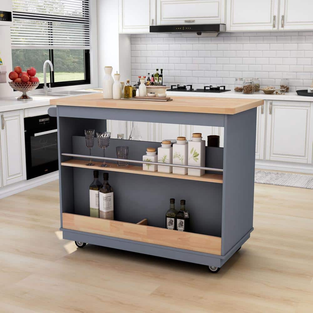 Gray Blue Wood 46 in. 2-Sided Kitchen Island with 2 Drawers and 4-Wheels - Hercitys