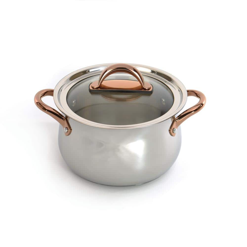 Ouro 8 in., 4.8 qt. 18/10 Stainless Steel Stockpot in Silver and Rose Gold with Glass Lid - Hercitys