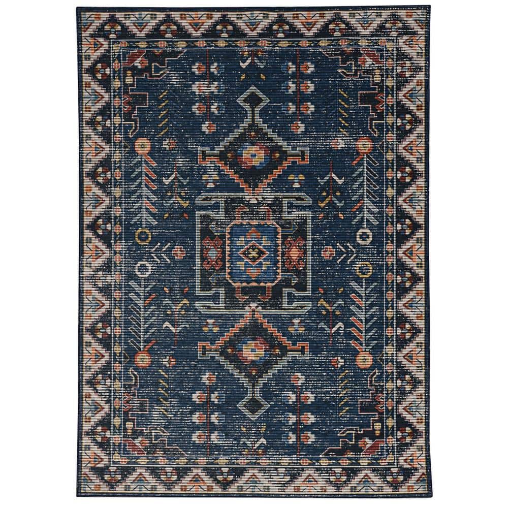 Washable Landon Teal and Ivory 5 ft. x 7 ft. Distressed Polyester Area Rug - Hercitys