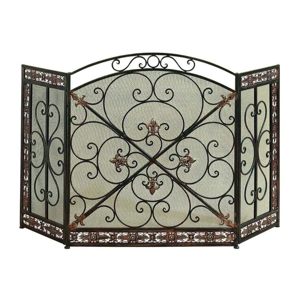 Bronze and Black Filigree Design Metal 3-Panel Fireplace Screen - Hercitys