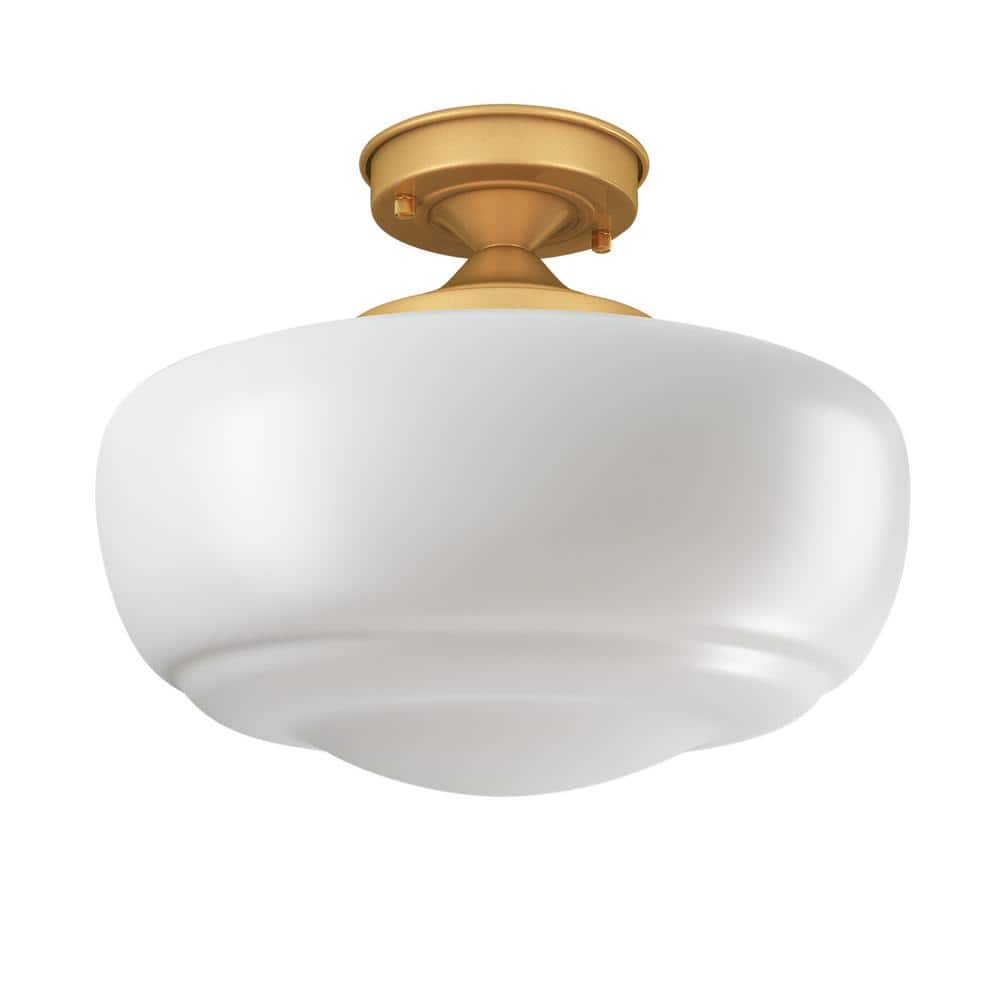 Modern 13.77 in. 1-Light Simple Gold Semi-Flush Mount Farmhouse Ceiling Lighting with White Glass Shade - Hercitys