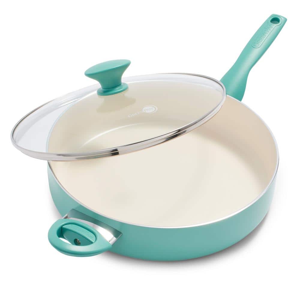Rio 5 qt. Healthy Ceramic Nonstick Saute Pan with Helper Handle and Lid in Turquoise - Hercitys