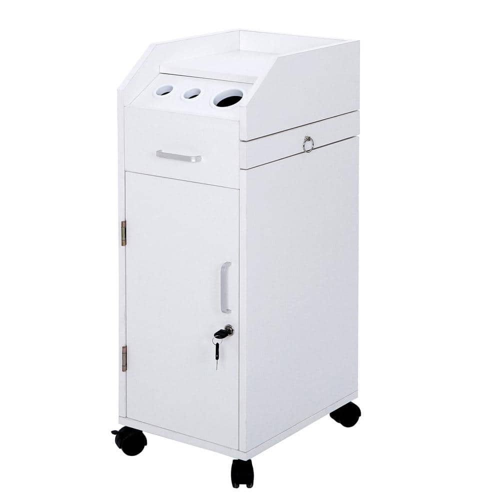 Salon Trolley Storage Cart with 4 Storage Drawer 3 Hair Dryer Holder Equipment in White - Hercitys