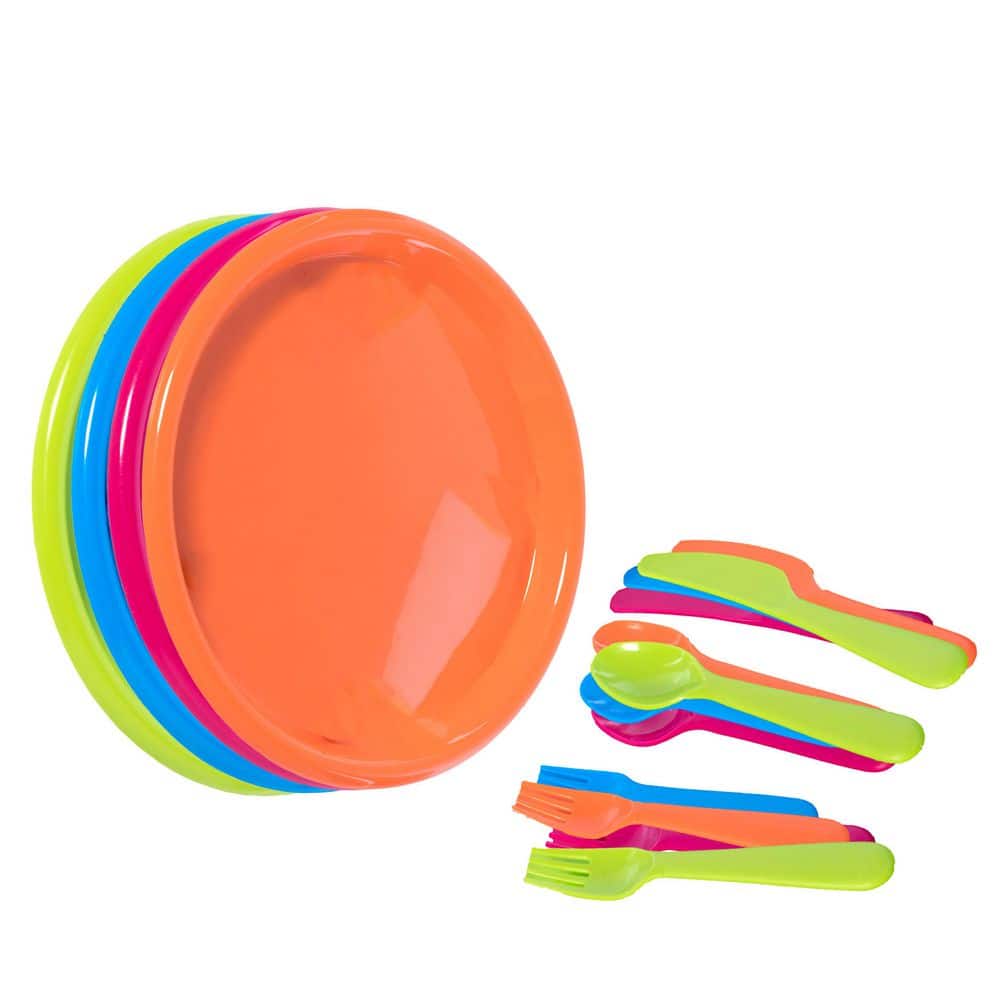 Reusable Cutlery Set of 4 (1 of Green, Pink, Blue, Orange) Plastic Plates, Spoons, Forks, and Knives for Kids - Hercitys