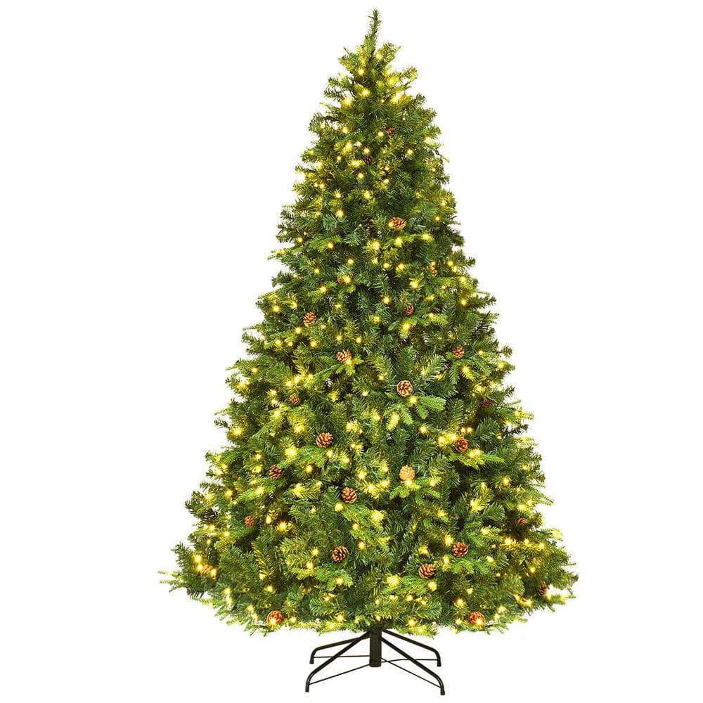 7.5 ft. Pre-Lit Artificial Christmas Tree Hinged LED Lights Pine Cones Metal Stand - Hercitys