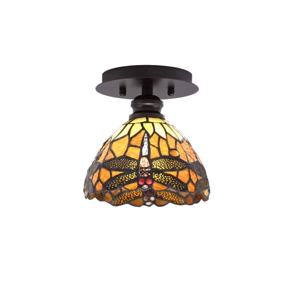 Albany 1-Light 7 in. Espresso Semi-Flush with Amber Dragonfly Art Glass Shade - Hercitys