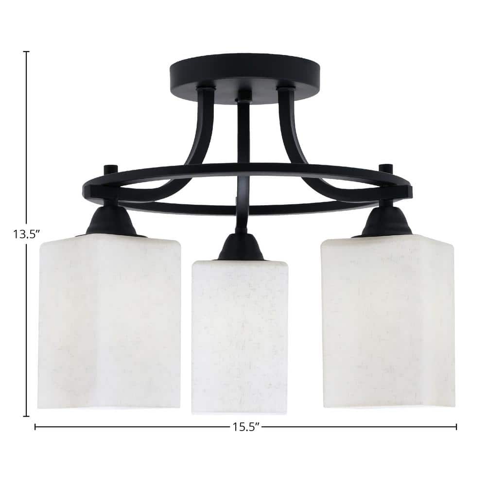 Madison 15.5 in. 3-Light Matte Black Semi-Flush Mount with Square White Muslin Glass Shade - Hercitys