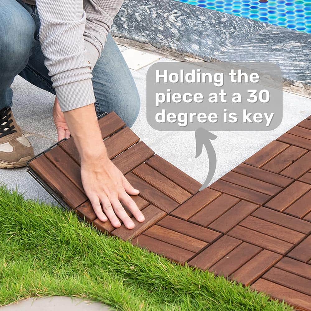 Brown Acacia Wood 3/4 in. T x 12 in. W Solid Hardwood Flooring Interlocking Deck Tiles – Checker Pattern(20 sqft/case) - Hercitys