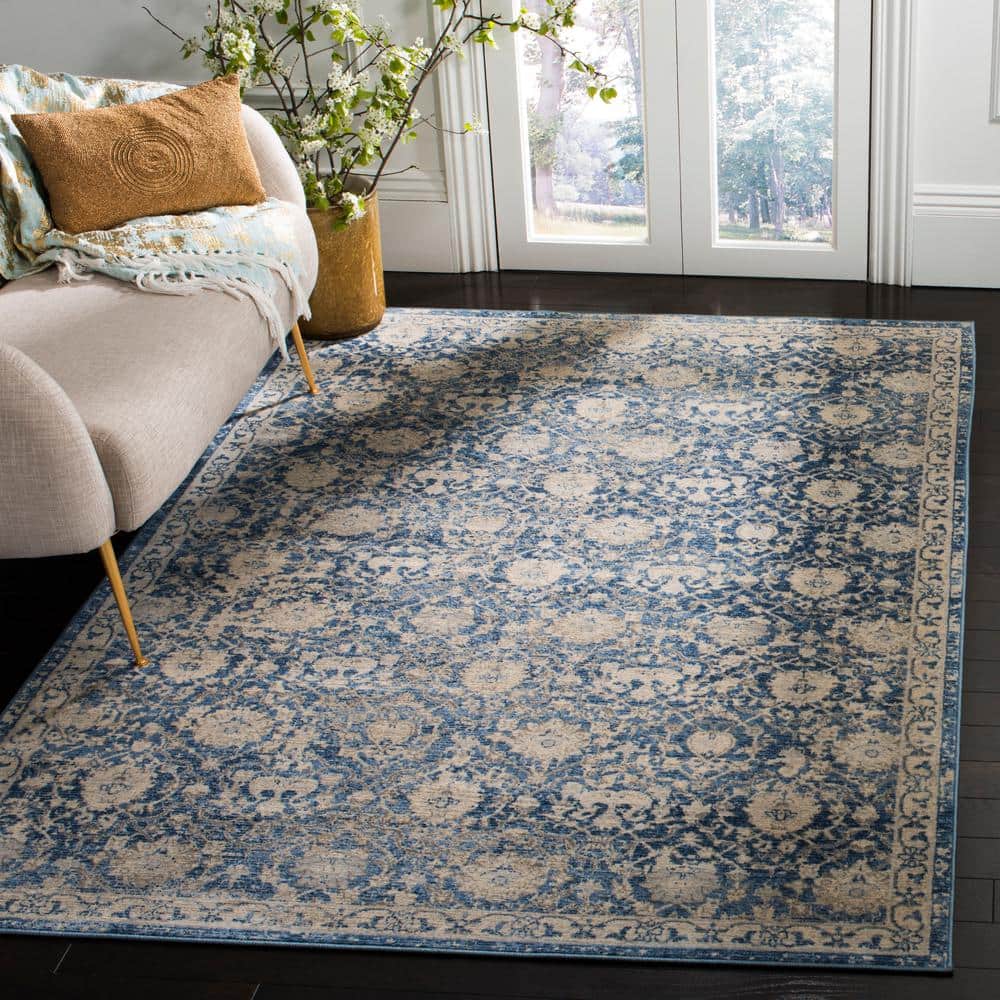 Brentwood Navy/Cream 9 ft. x 12 ft. Distressed Multi-Floral Border Area Rug - Hercitys