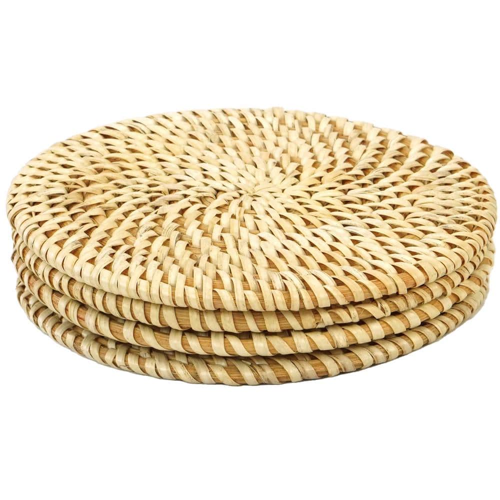 Set of 4 Decorative Round 5.25 in. Natural Woven Handmade Rattan Placemats - Hercitys