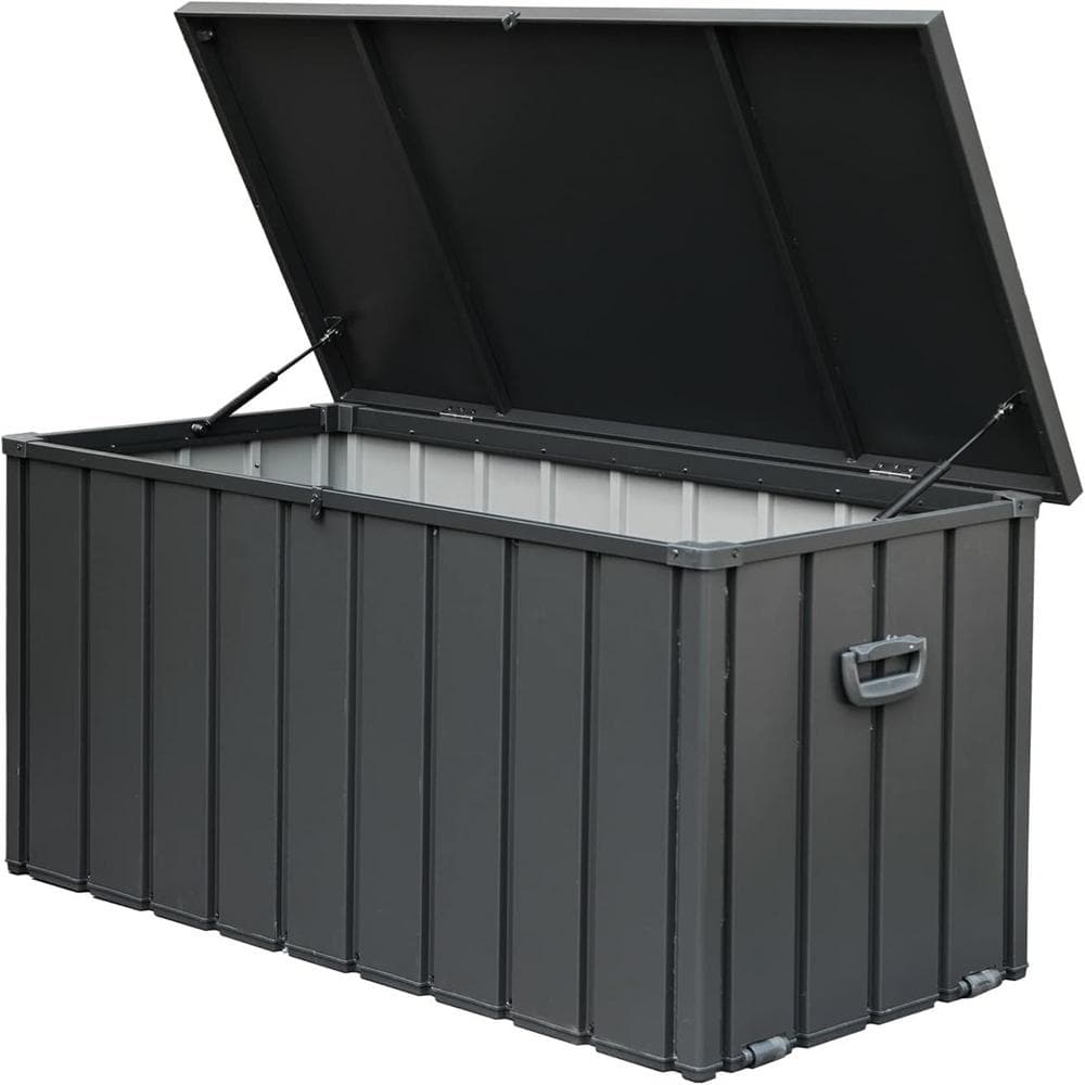 Outdoor 100 Gal. Dark Gray Steel Deck Box, Patio Lockable Storage Bin for Outside Cushions, Throw Pillows - Hercitys