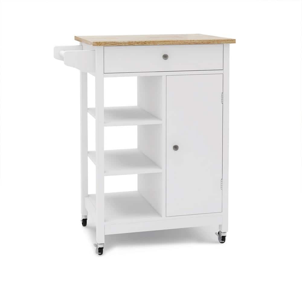 White Wood 25.98 in. Kitchen Island with Adjustable Shelves and Towel Rack Rubber Wood Table Top, Rolling Trolley Cart - Hercitys