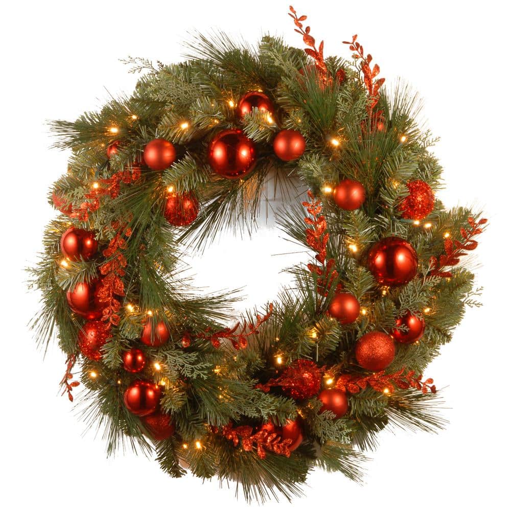 Decorative Collection Christmas Red Mixed 24 in. Artificial Wreath with Battery Operated Warm White LED Lights - Hercitys