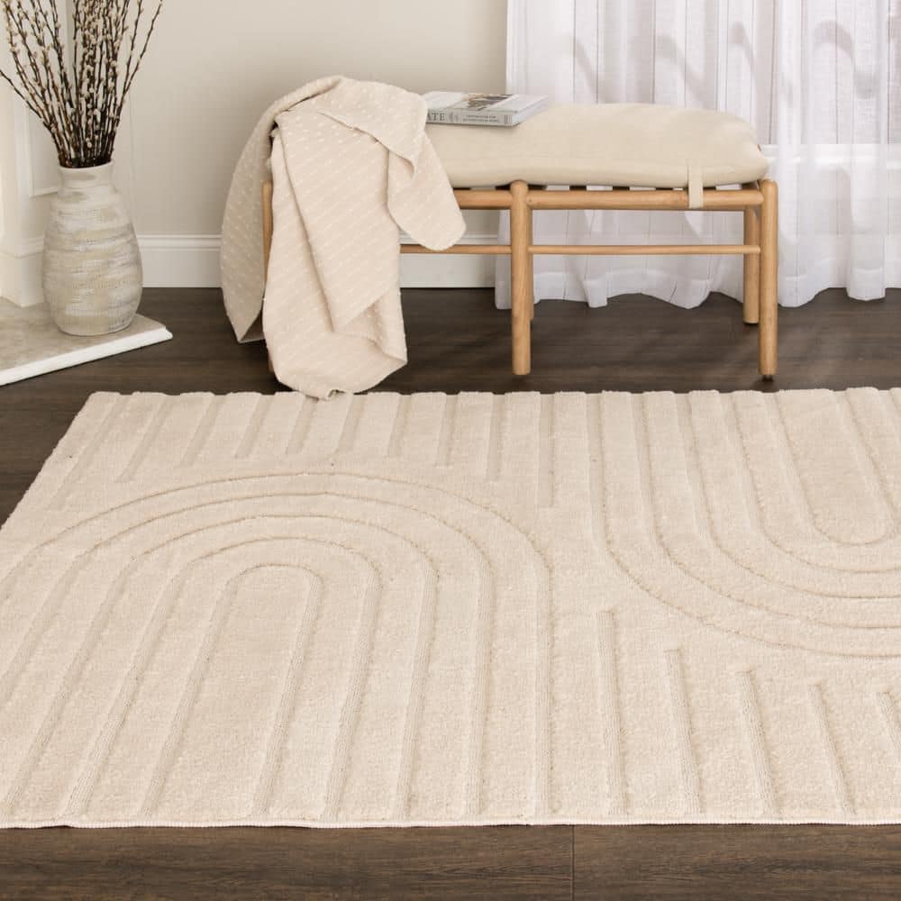 Oathil 5 ft. x 7 ft. Cream Geometric Polyester Area Rug - Hercitys
