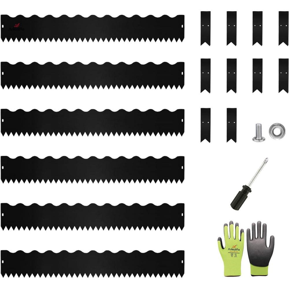 6-Pack 40 in. L x 6 in. H Black Steel Garden Landscape Edging, Lawn Border with Gloves and 10 Stakes(Wavy Edge) - Hercitys