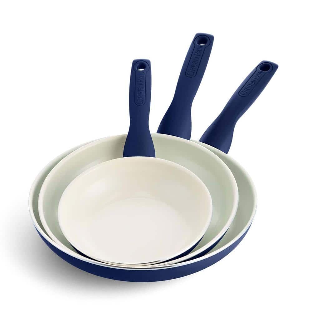 Rio Aluminum Ceramic Nonstick 3-Piece Frypan Skillet Set in Navy Blue - Hercitys