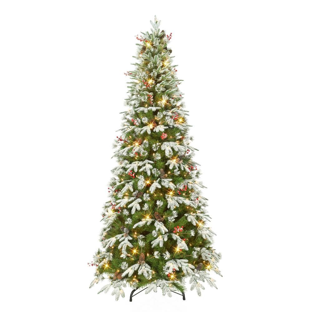 7.5 ft. Prelit Slim Flocked Glittery Artificial Christmas Tree with 450 UL Clear Lights and Pine Cones and Red Berries - Hercitys