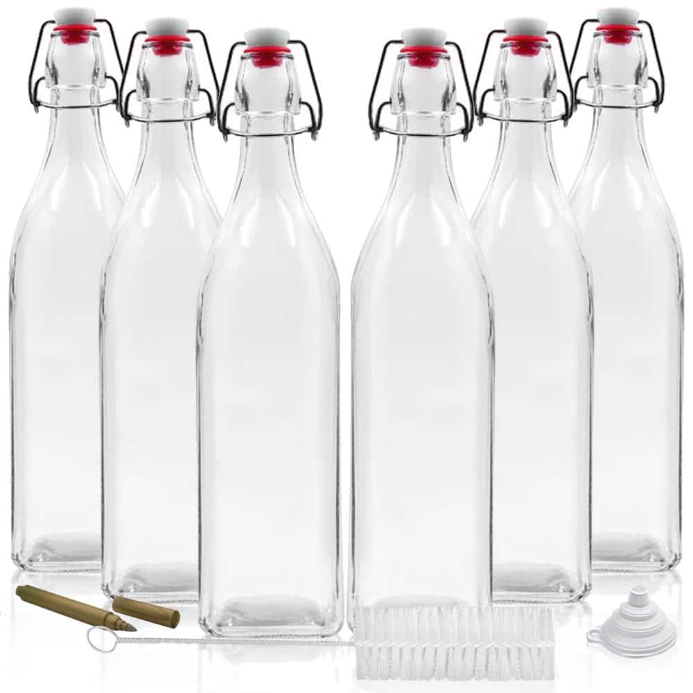 6 Pack 33 oz. Square Glass Bottles with Swing Top Stoppers, Bottle Brush, Funnel, and Gold Glass Marker - Hercitys