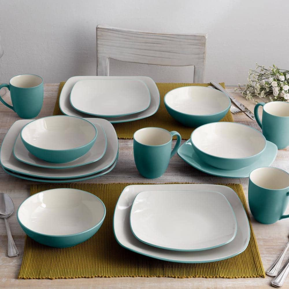 Colorwave Turquoise 16-Piece Square (Turquoise) Stoneware Dinnerware Set (Service for Set for 4) - Hercitys