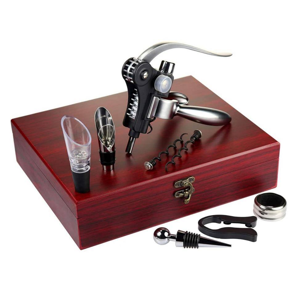 Silver Wine Opener Set with Corkscrew, Foil Knife, Wine Pourer, Bubbler, Collar, Stopper, 2-Extra Screws and Gift Box - Hercitys