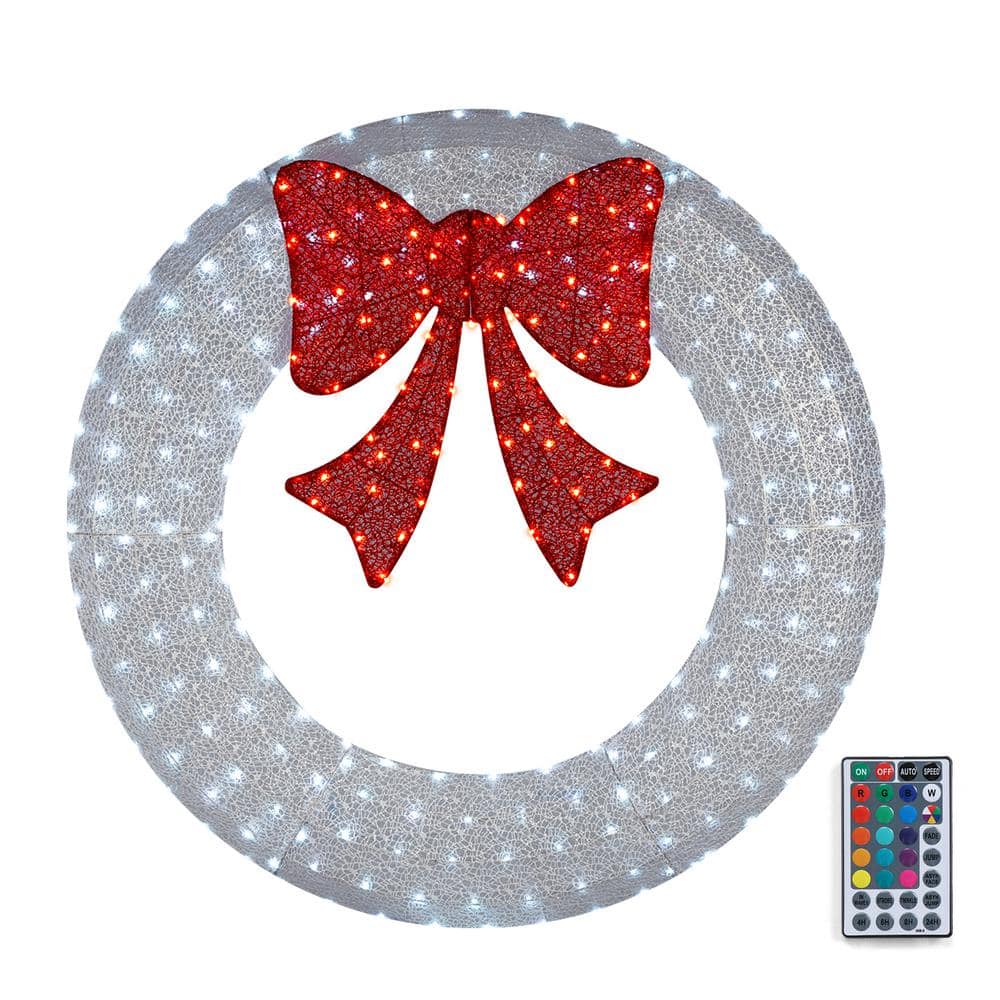 60 in. White Pre-Lit LED Artificial Christmas Wreath with Red Bow and Multi-Color Lights - Hercitys