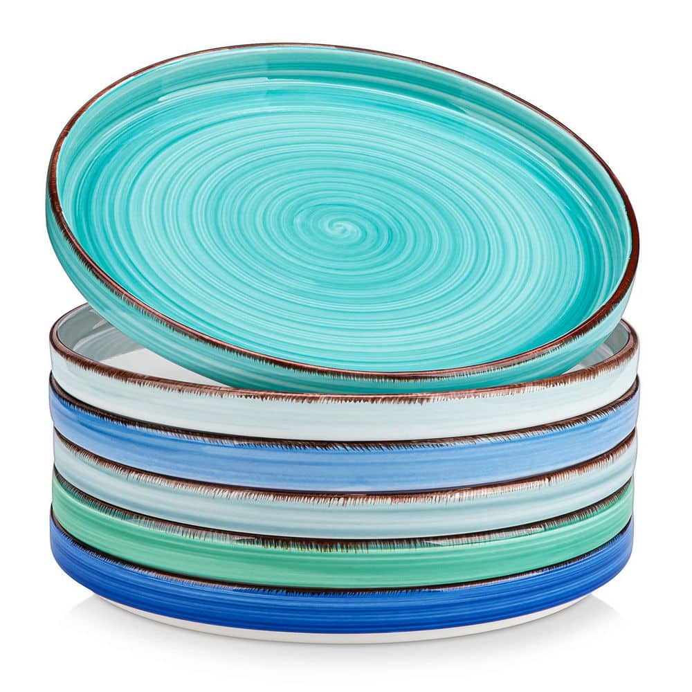 8.5 in. Multi-Blue Stoneware Dessert Plate (Set of 6), Handpainted Side Plate Serving Plates for Fruit Snack - Hercitys