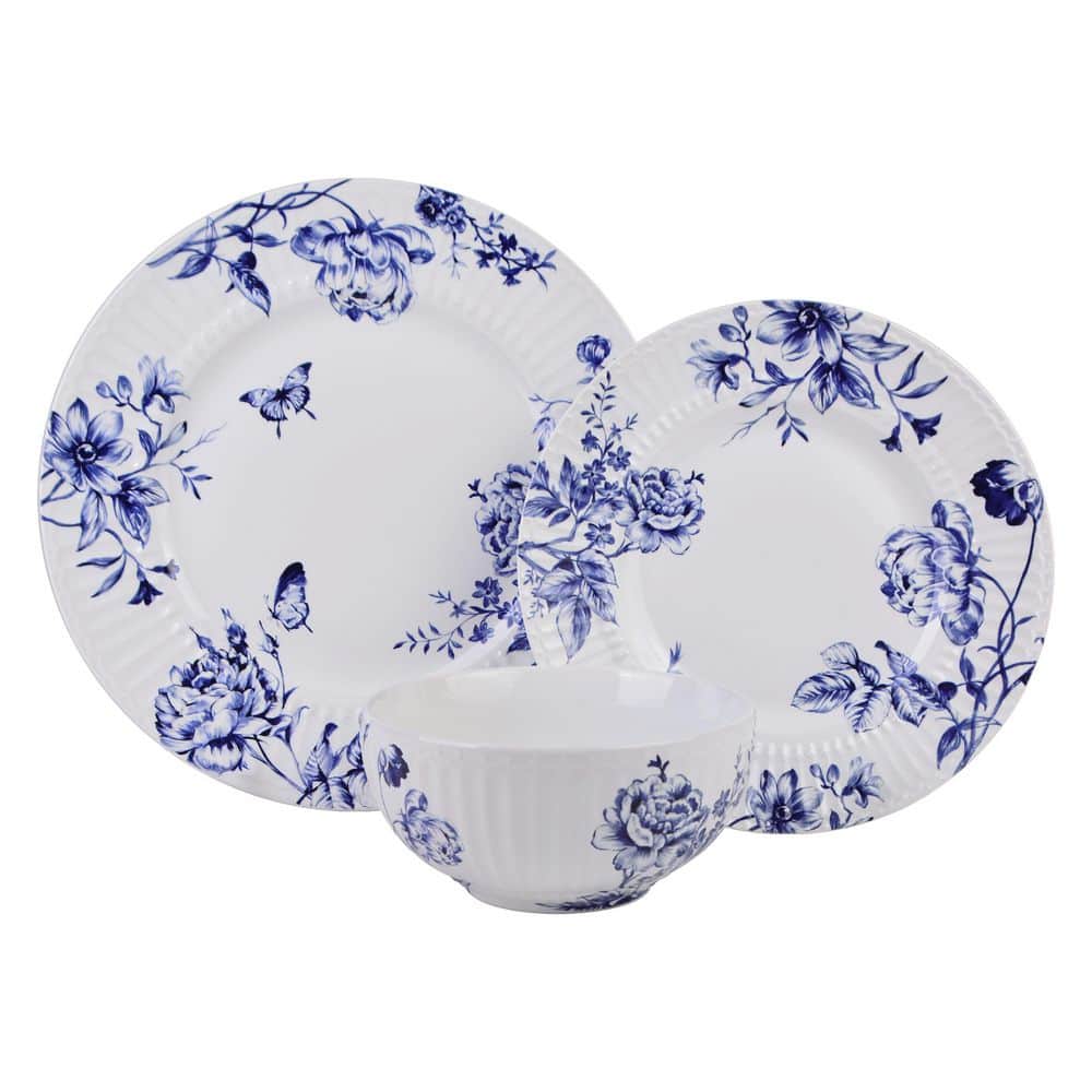 Cassian Embossed Toile Blue Porcelain 12-Pieces Dinnerware Set - Hercitys