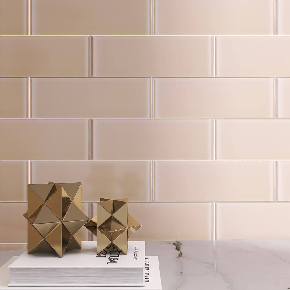 Crystile Beige 4 in. X 12 in. Glossy Glass Subway Tile (10 sq. ft./Case) - Hercitys
