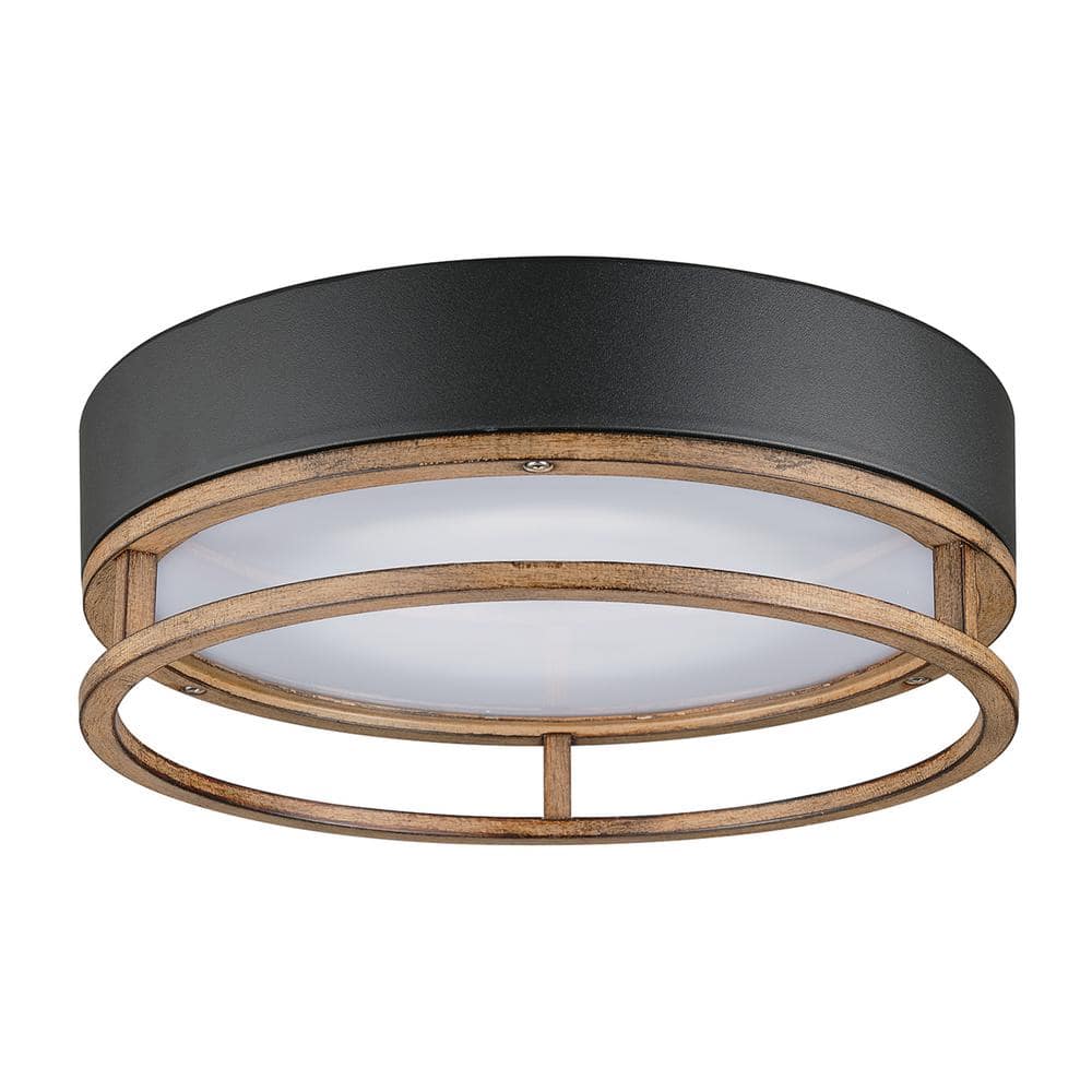 Ray 1-Light Mate Black 18.5-Watt LED Integrated Outdoor Indoor Flush Mount Ceiling Light with Faux Wood Accent - Hercitys