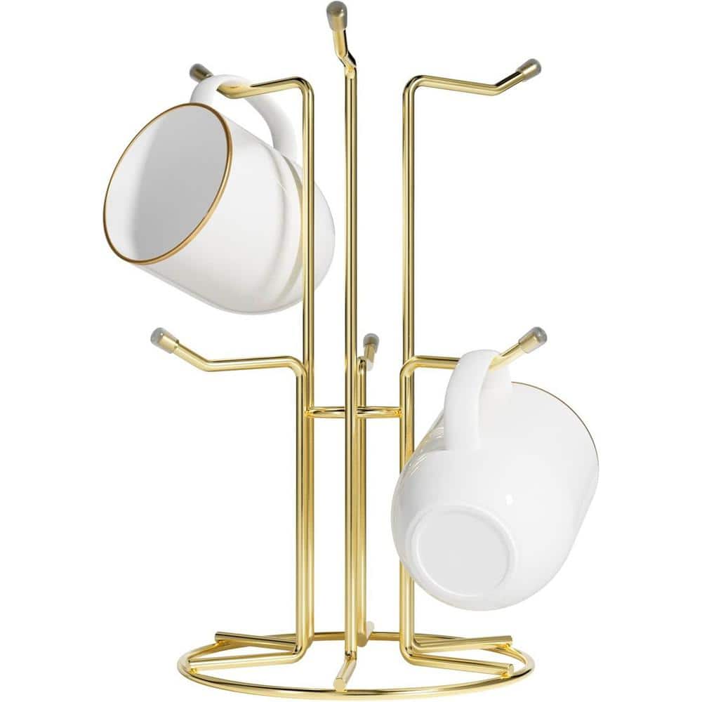 Mug Holder for Large Cups for Counter with 6 Hooks, Free Standing Mug Rack in Gold - Hercitys