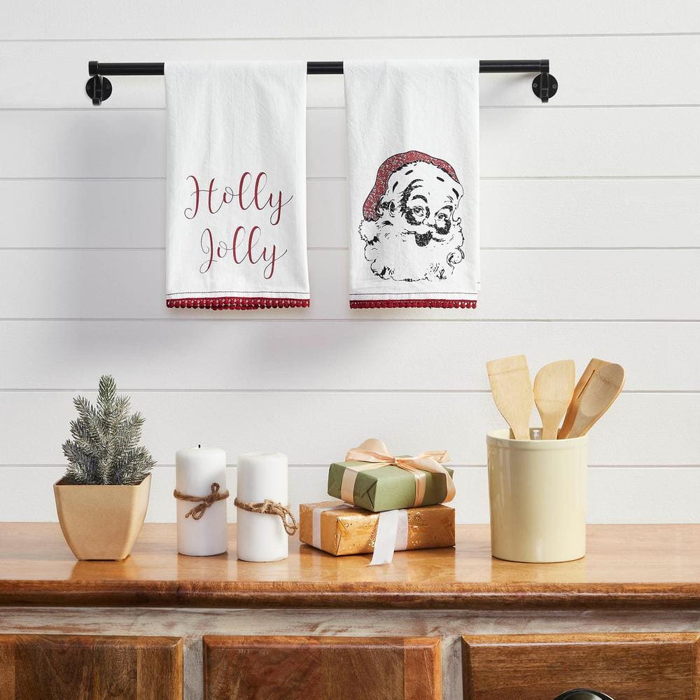 Kringle Chenille Red White Seasonal Holly Jolly Cotton Muslin Kitchen Tea Towel Set (Set of 2) - Hercitys