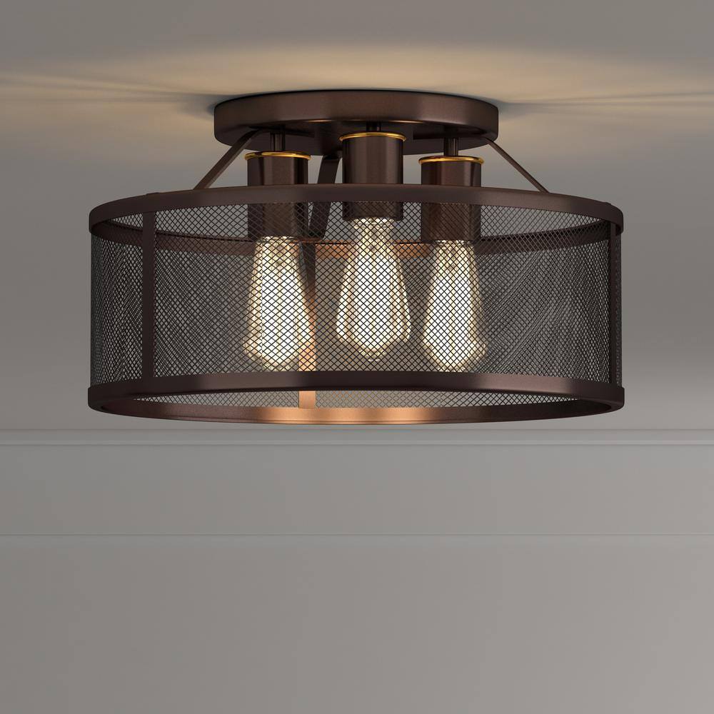 Swing 15 in. 3-Light Antique Bronze Flush Mount with Metal Shade - Hercitys