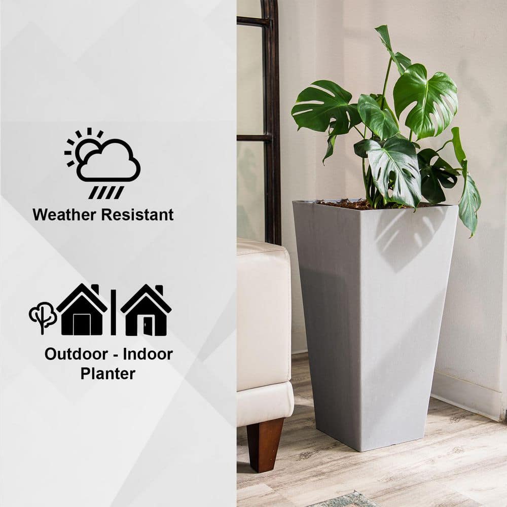 Modern 28 in. Gray Square Planter, Tapered Plastic Design for Indoor & Outdoor Use, Great for Patio or Home Decor - Hercitys