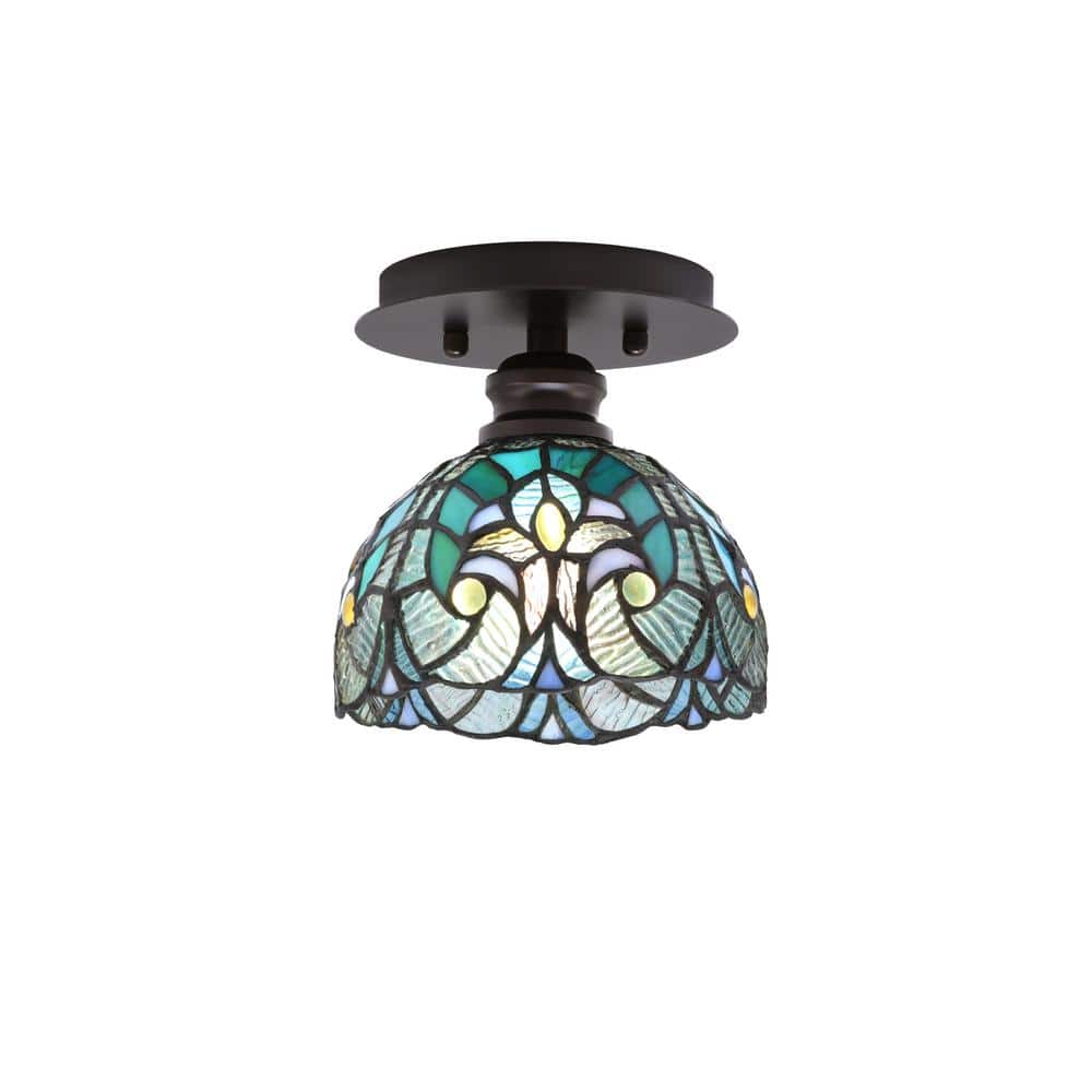 Albany 1-Light 7 in. Espresso Semi-Flush with Turquoise Cypress Art Glass Shade - Hercitys
