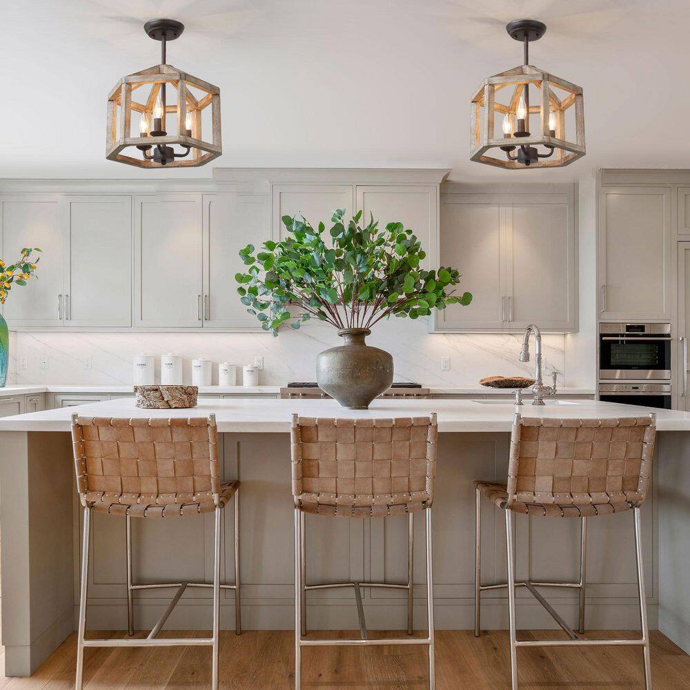 Rustic Drum Bronze Wood Semi-Flush Mount, Industrial Geometric 3-Light Farmhouse Candlestick Antique Ceiling Lighting - Hercitys