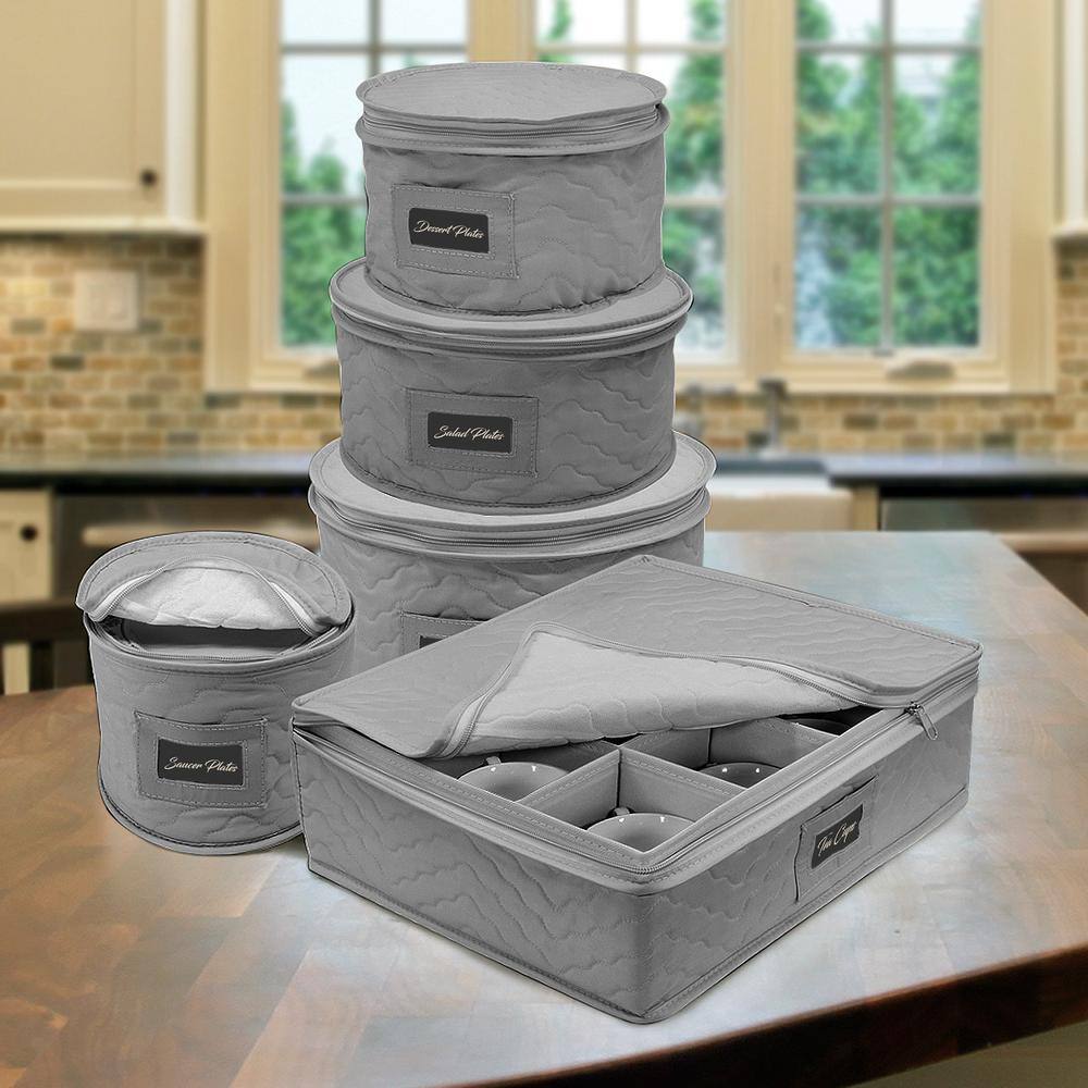 Cup and Plate Storage Organizer Gray Polyester Dinnerware Storage with Zip lock lid 5 Pack - Hercitys