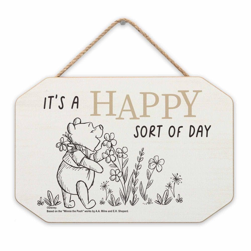 6 in. White Wood Spring, Summer Pooh Happy Day Hanging Wall Decor - Hercitys