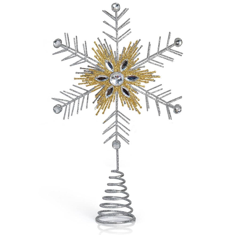Glitter Snowflake Tree Topper – Silver and Gold Bare Branches Sparkling Gem Christmas Star Tree Top Decor - Hercitys