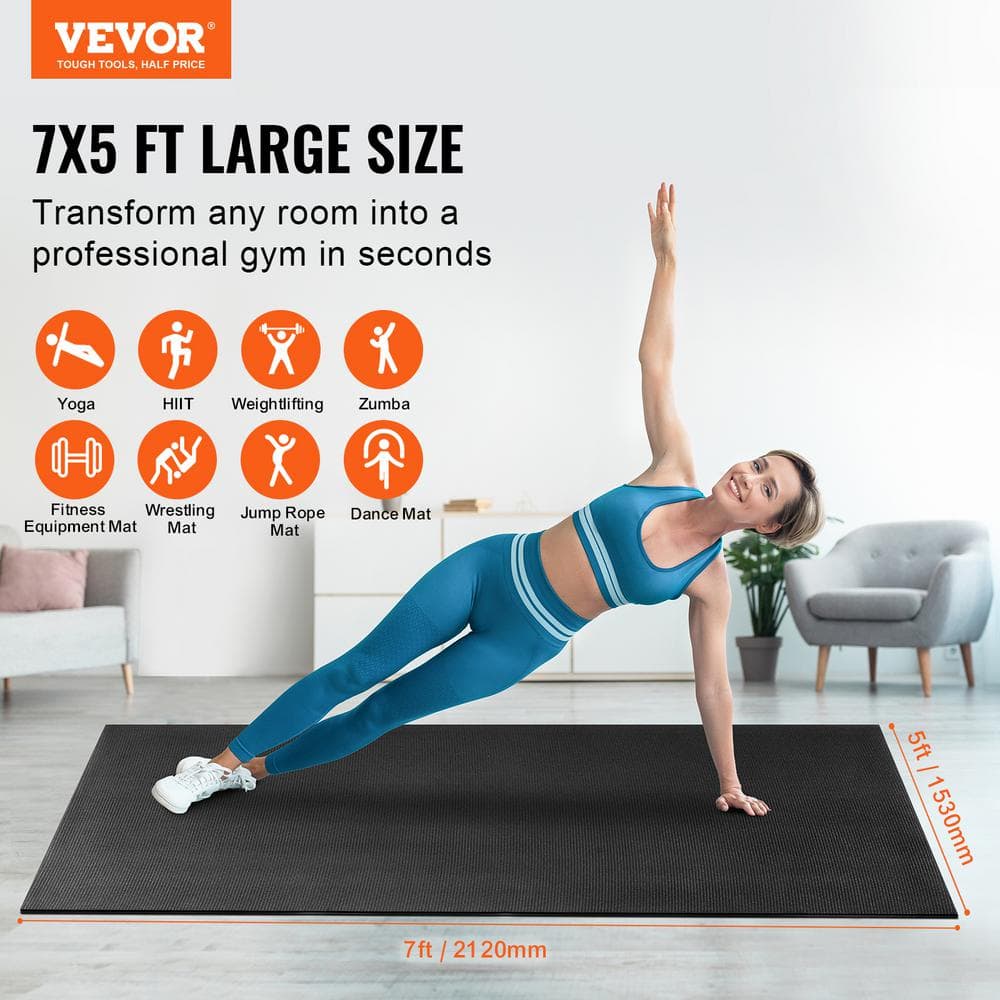 Exercise Mat Black 60 in. W x 84 in. L 0.28 in. T Rubber Yoga Mat Gym Flooring Mat (35 sq. ft.) - Hercitys
