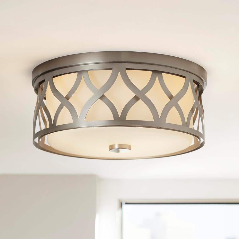 Montrose 14 in. 3-Light Contemporary Brushed Nickel Dimmable Flush Mount Ceiling Light with Etched Glass Shade - Hercitys