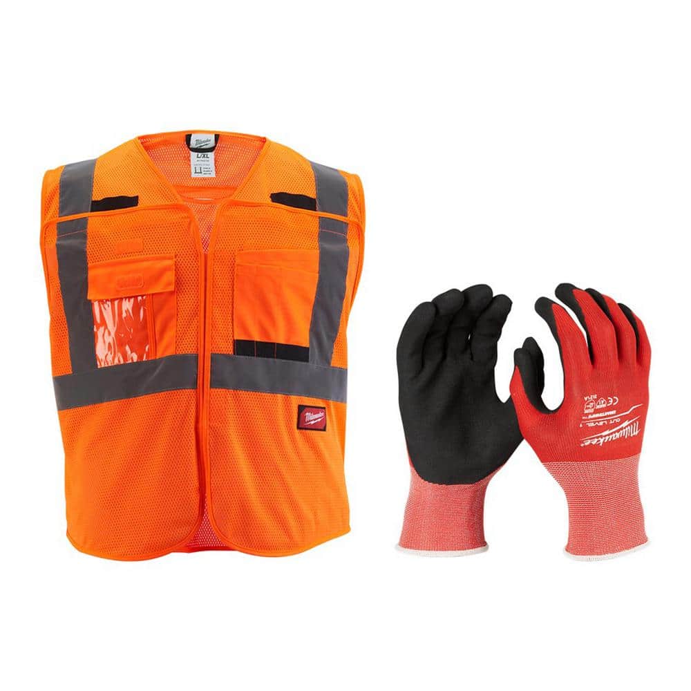 Small/Medium Orange Class 2 Breakaway Mesh High Vis Safety Vest and Large Red Nitrile Cut Level 1 Dipped Work Gloves - Hercitys