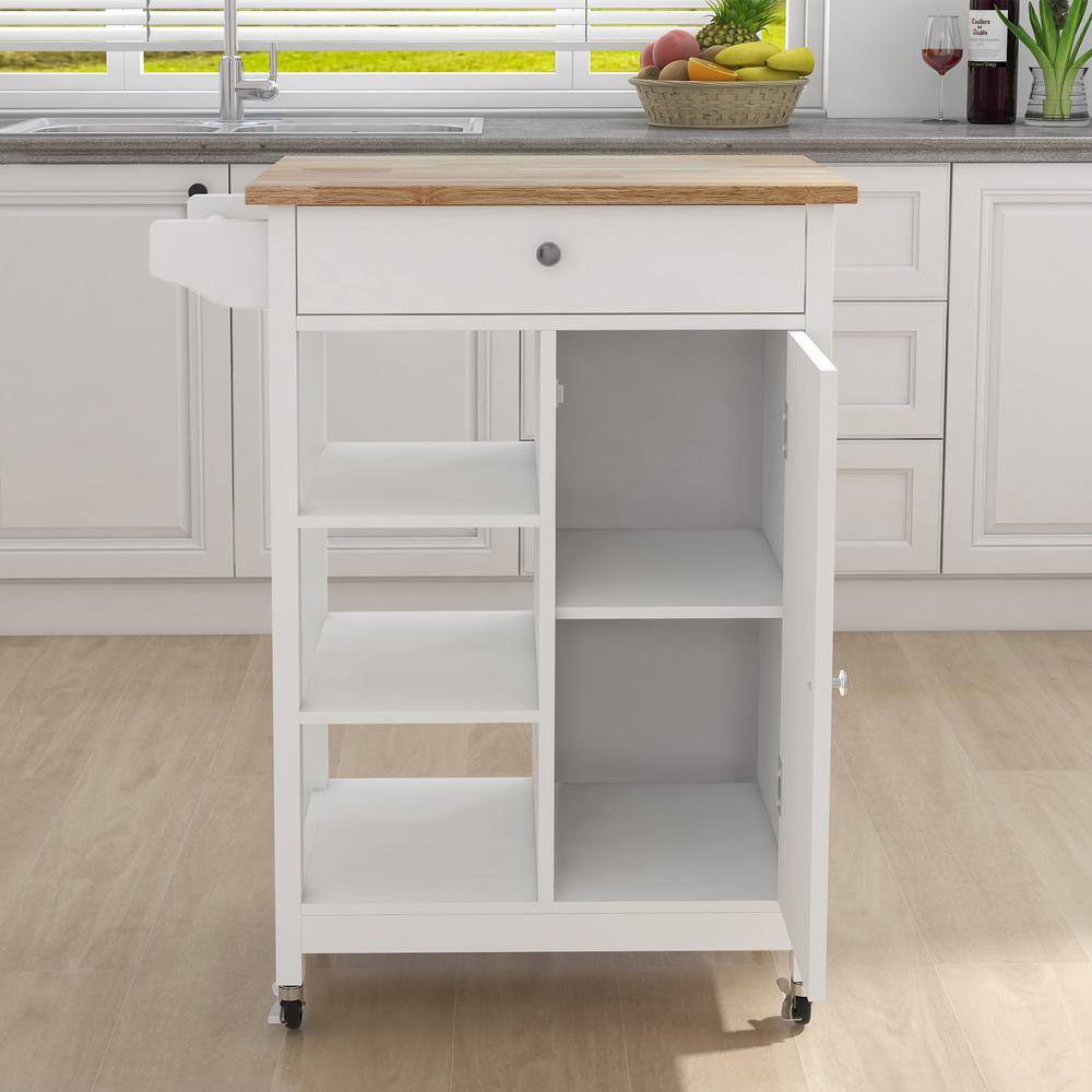 White Rolling Rubber Wood Tabletop 26 in. Kitchen Island with Drawers - Hercitys