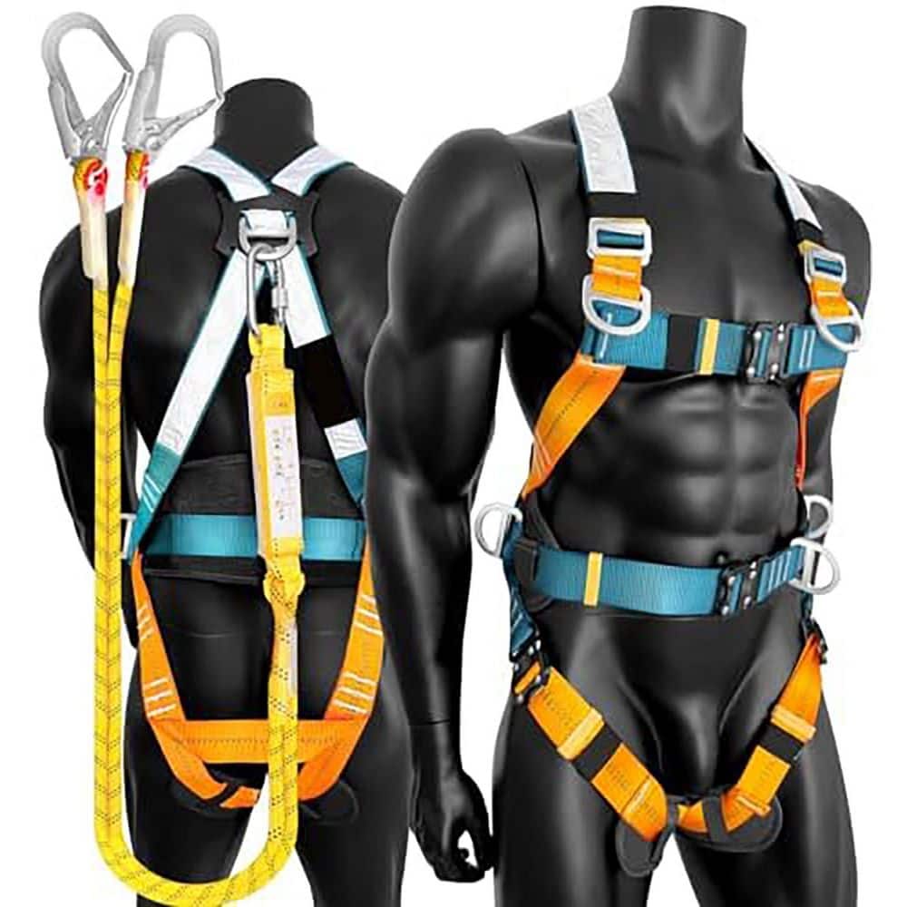 Reflective Full Body Fall Protection Safety Harness 5 D-Ring Quick Release Shock Absorbing Lanyard - Hercitys