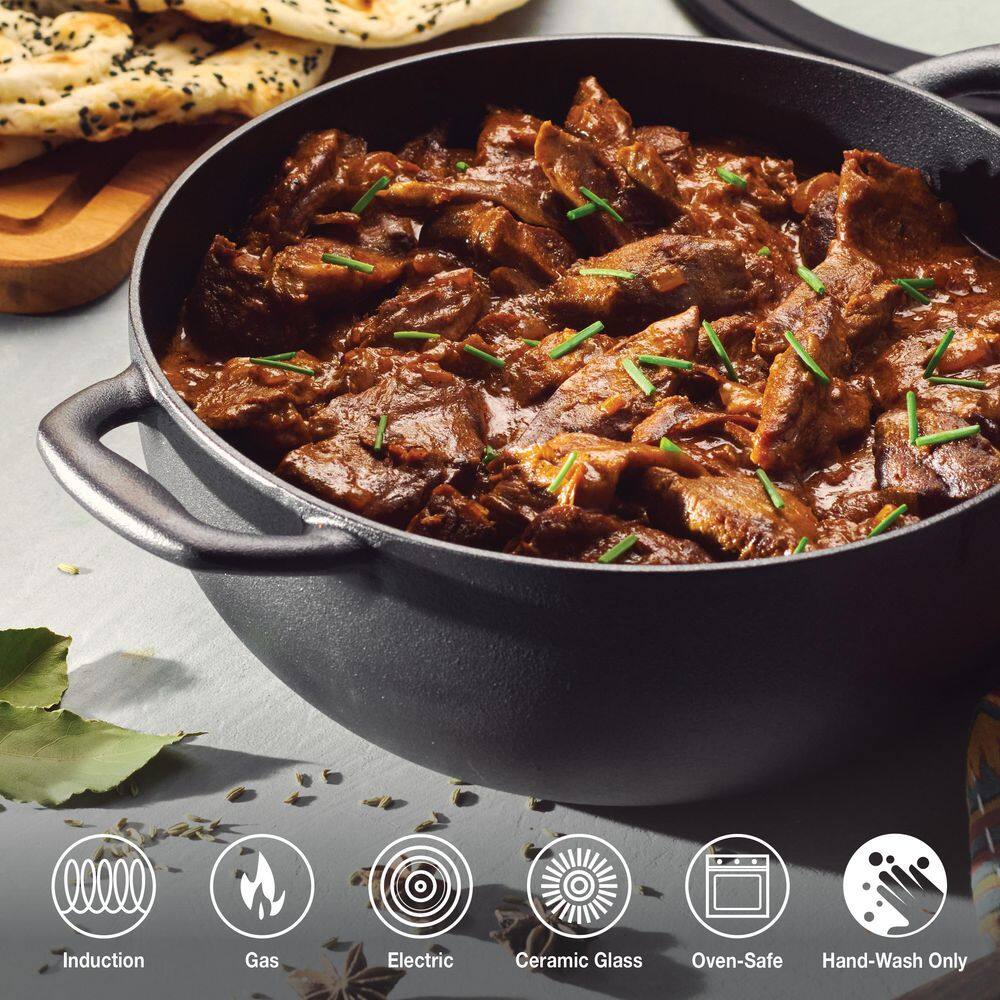 Utsava 3.9 qt. Pre-Seasoned Cast Iron Kadai with Lid – 10 in. Dia, Gas/Electric/Induction Compatible, Cooking Pan - Hercitys