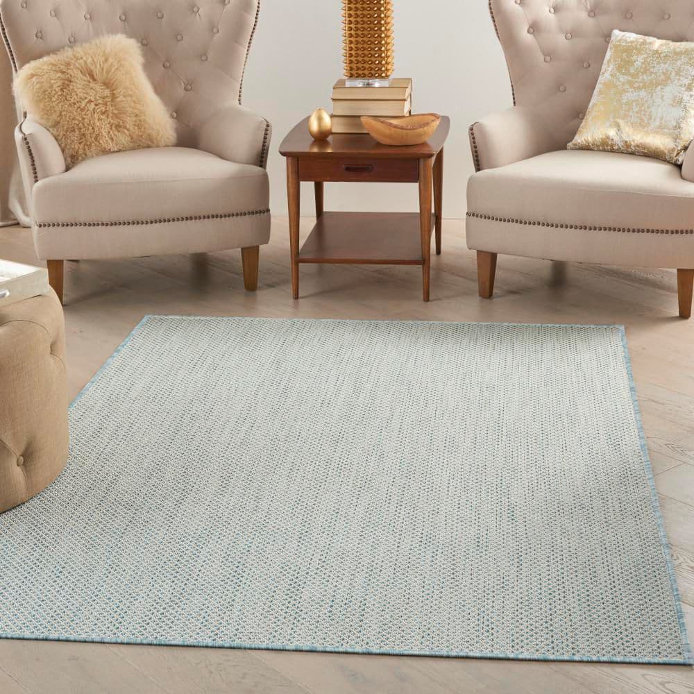 Courtyard Ivory Aqua 5 ft. x 7 ft. Geometric Contemporary Indoor/Outdoor Patio Area Rug - Hercitys
