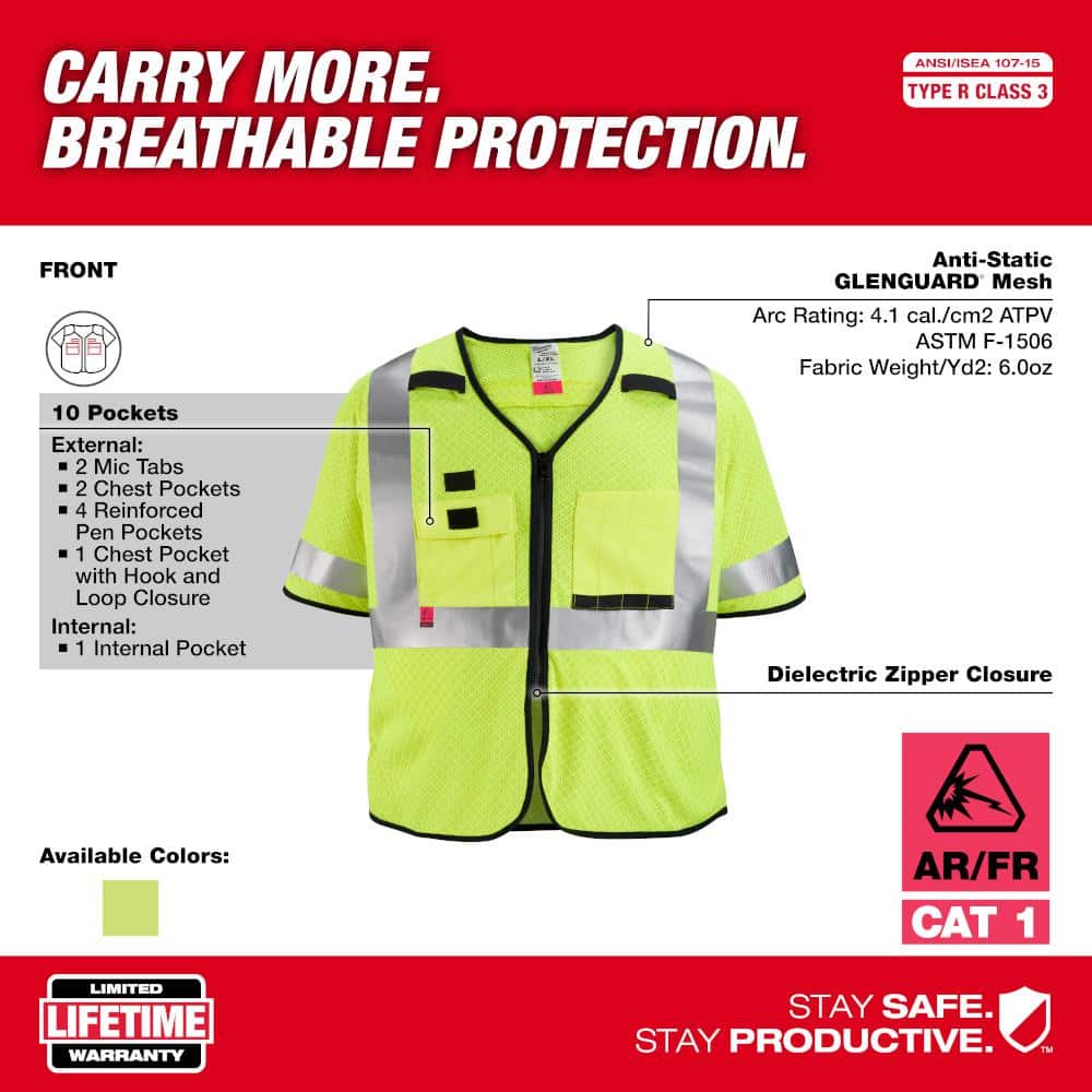 Arc-Rated/Flame-Resistant 2X-Large/3X-Large Yellow Mesh Class 3 High Visibility Safety Vest with 10-Pockets and Sleeves - Hercitys