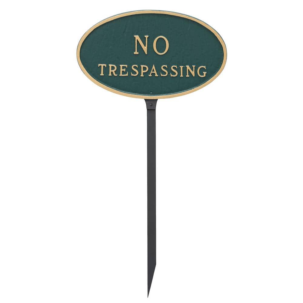 8.5 in. x 13 in. Standard Oval No Trespassing Statement Plaque Sign with 23 in. Lawn Stake, Green with Gold Lettering - Hercitys
