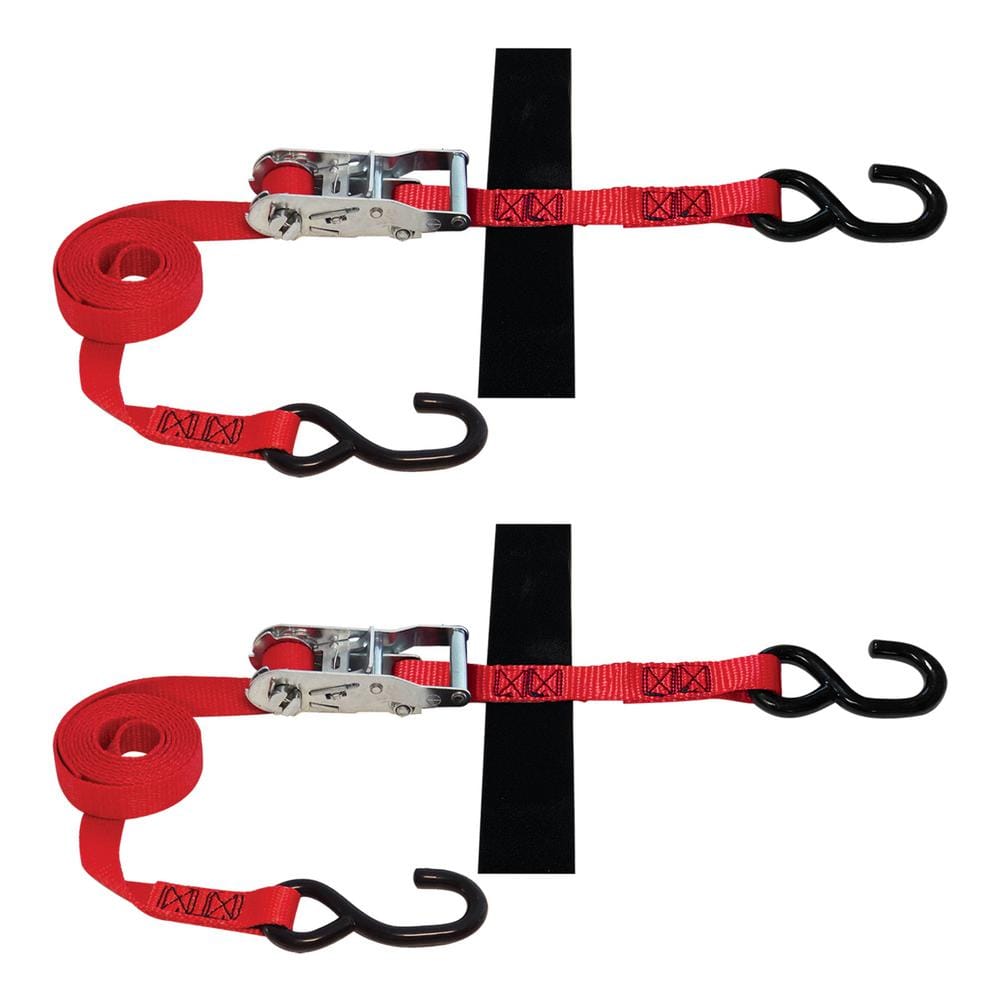 8 ft. x 1 in. S-Hook Ratchet Strap with Hook and Loop Storage Fastener in Red (2-Pack) - Hercitys