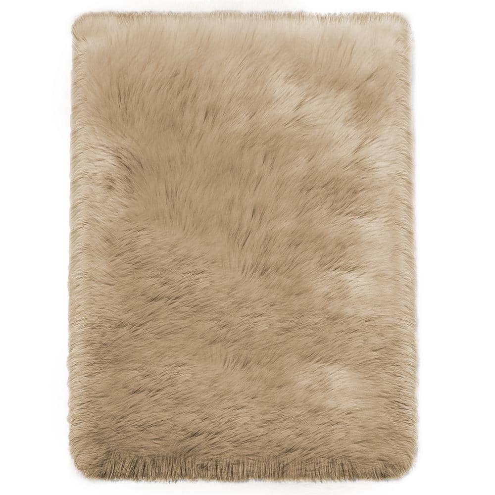 Sheepskin Faux Fur Beige 5 ft. x 7 ft. Cozy Fluffy Rugs Area Rug - Hercitys